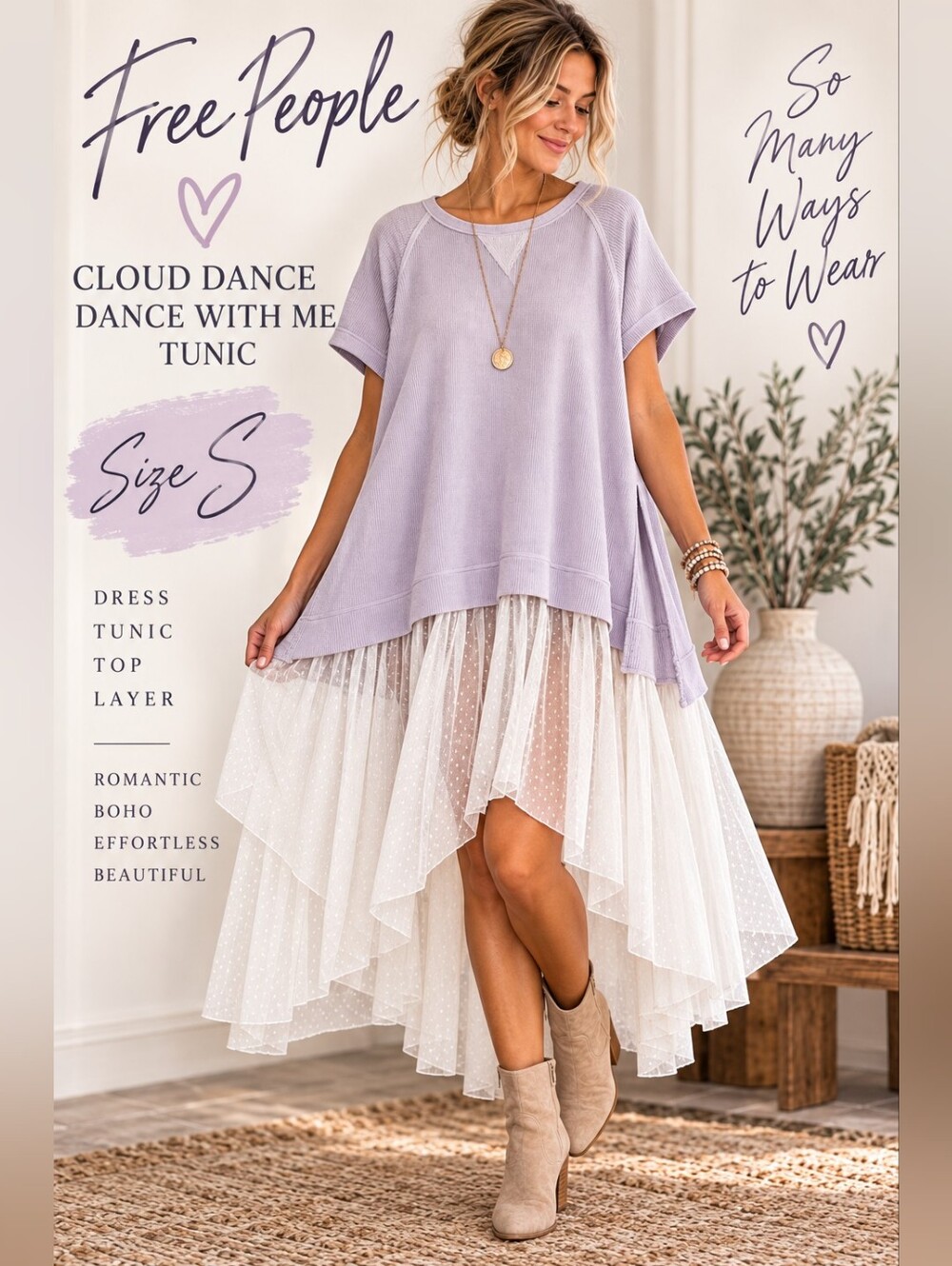 Free People Cloud Dance With Me Tunic Dress Lilac Tulle Lace Top S Romantic